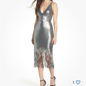 Dress the Population Black Silver Frankie Fringe Sequin Plunge V-Neck Midi